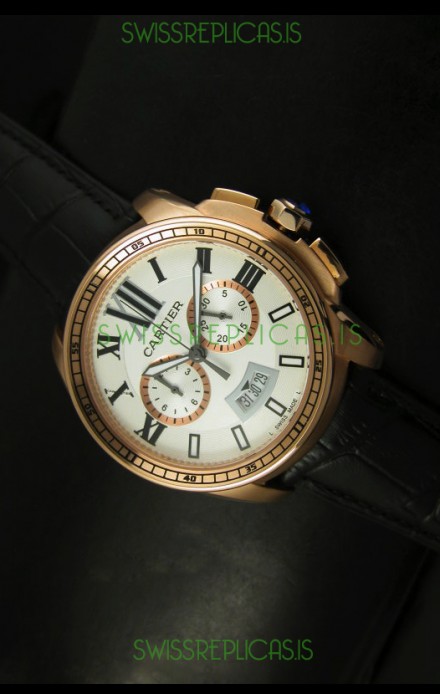 Calibre De Cartier Chronograph Japanese Replica Watch in Pink Gold