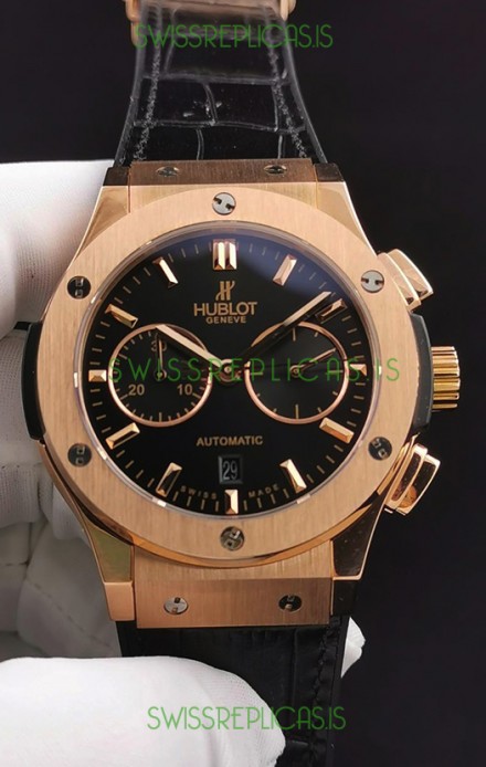 Hublot Classic Fusion Chronograph Rose Gold Casing Black Dial 1:1 Mirror Replica Watch 