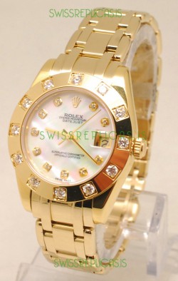 Rolex Datejust Pearlmaster Japanese Replica Gold Watch in White Pearl Dial -34MM