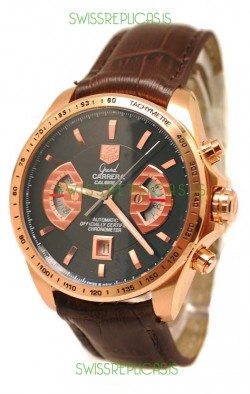 Tag Heuer Grand Carrera Japanese Replica Gold Watch in Black Dial