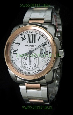 Cartier Calibre de Japanese Replica Rose Gold Watch in White Dial
