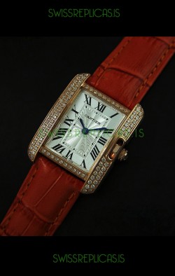 Cartier Louis Japanese Replica Ladies Rose Gold Diamond Watch in Orange Strap