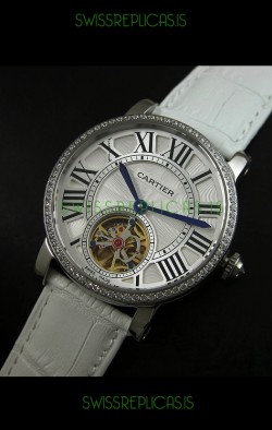 Cartier Ronde de Tourbillon Japanese Replica Diamond Watch in White Strap