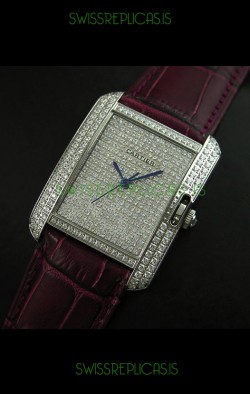 Cartier Tank Anglaise Ladies Replica Watch in Steel/Maroon Strap