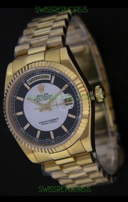 Rolex Day Date Just Japanese Replica Yellow Gold Watch in Black & White Dial