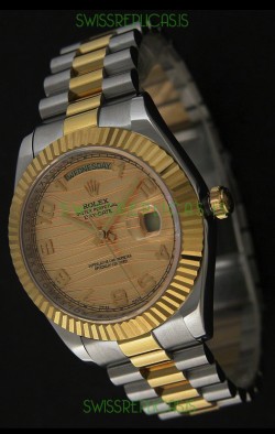 Rolex Day Date Just Japanese Replica Two Tone Gold Watch in Golden Stripe Pattern Dial 
