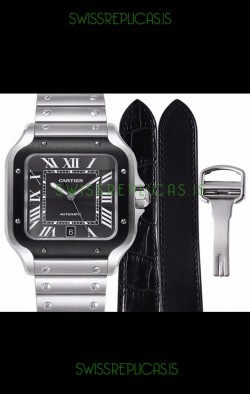 Cartier "Santos De Cartier" Mens XL 1:1 Mirror Replica Watch in Stainless Steel Casing - Black Bezel