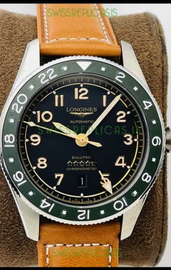 Longines Spirit ZULU Time 1:1 Mirror Replica Watch in 904L Steel Casing - Swiss L844.4 Automatic Movement Brown Strap