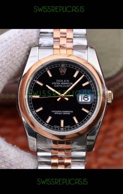 Rolex Datejust 36MM Cal.3135 Movement Swiss Replica Watch in 904L Steel Two Tone Casing Black Dial