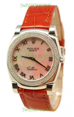 Rolex Cellini Cestello Ladies Swiss Watch Beige Pearl Roman Face Diamonds Bezel
