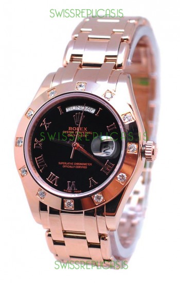 Rolex Day Date Rose Gold Japanese Replica Watch in Black Dial