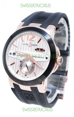 Ulysse Nardin Executive Dual Time Japanese Replica Rose Gold Watch in Black Bezel
