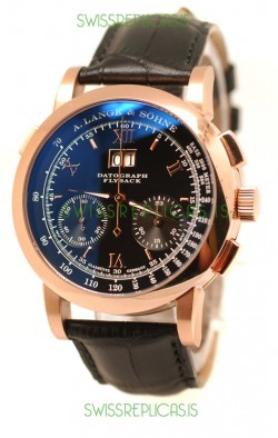 A.Lange & Sohne Datograph Flyback Swiss Replica Rose Gold Watch in Black Dial