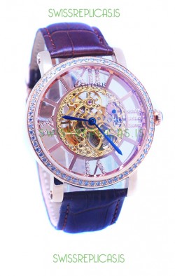 Ronde De Cartier Skeleton Rose Gold Japanese Watch in Diamond Bezel