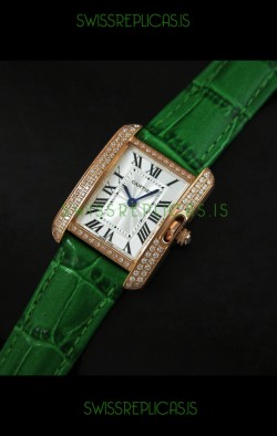 Cartier Louis Japanese Replica Ladies Rose Gold Diamond Watch in Green Strap