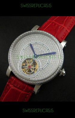 Cartier Ronde de Tourbillon Japanese Replica Diamond Watch in Red Strap
