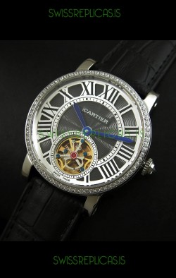 Cartier Ronde de Tourbillon Japanese Replica Diamond Watch in Black Dial
