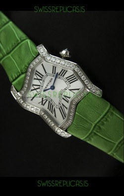 Cartier Tank Folle Ladies Replica Watch in Steel Case/Green Strap