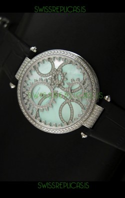 Cartier Replica Watch with Diamonds Embedded Dial Bezel in Steel Case/Black Strap
