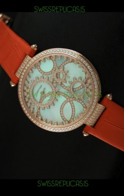Cartier Replica Watch with Diamonds Embedded Dial Bezel in Gold Case/Orange Strap