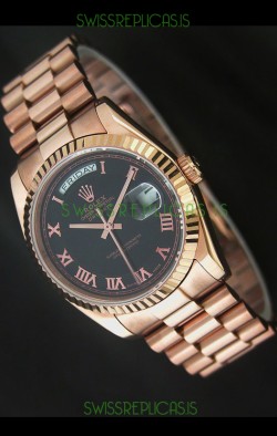 Rolex Day Date Swiss Rose Gold Watch in Black Dial