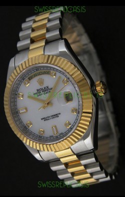 Rolex Day Date Just Japanese Replica Two Tone Gold Watch in Mop White Dial