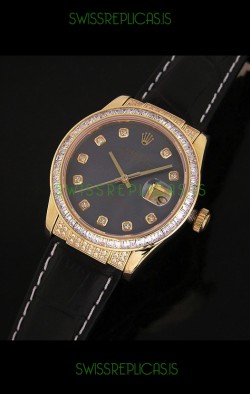 Rolex DateJust Swiss Mens Replica Yellow Gold Watch in Black Mother of Pearl Dial