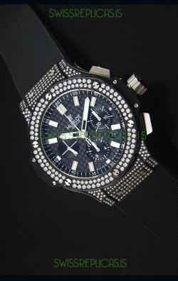 Hublot Big Bang Carbon Dial Diamonds Studded PVD Case Swiss Watch 