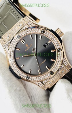 Hublot Classic Fusion Diamonds Rose Gold Grey Dial Swiss Replica Watch 1:1 Mirror Quality 