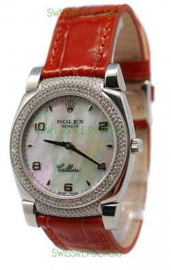 Rolex Cellini Cestello Ladies Swiss Watch Beige Pearl Face Diamonds Bezel and Lugs