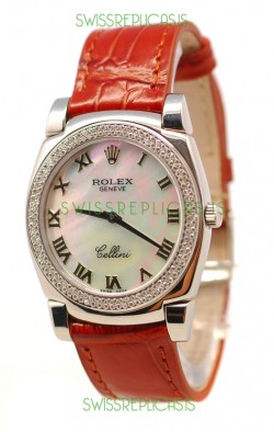 Rolex Cellini Cestello Ladies Swiss Watch White Pearl Roman Diamonds Bezel