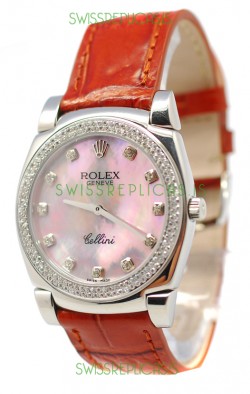 Rolex Cellini Cestello Ladies Swiss Watch Pink Pearl Diamonds Bezel and Hours Markers