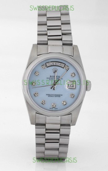Rolex Day Date Silver Japanese Replica Watch in Mother Of Pearl Blue Dial