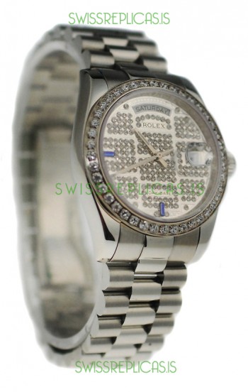 Rolex Day Date Silver Japanese Mens Watch in Diamond Dial